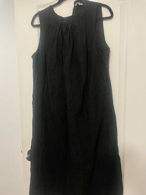 100% Linen, Classic Sleeveless Black Midi Dress with Pleated Neckline Large